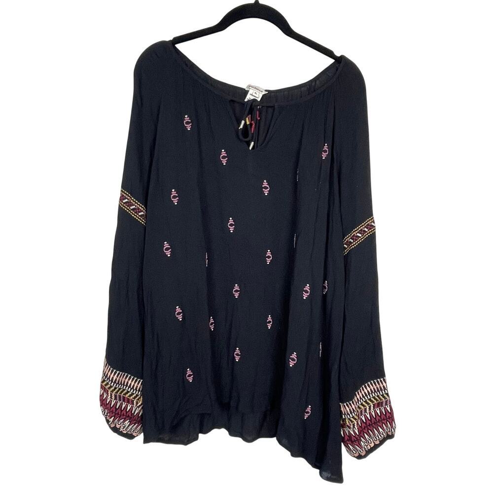SUNDANCE‎ Women’s Black Embroidered Geometric Peasant Tassel Blouse Boho Size L